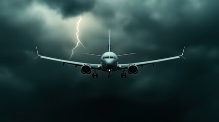 A front view of a commercial airplane flying towards the viewer under a dark and stormy sky with lightning in the background, highlighting the intensity of the storm.