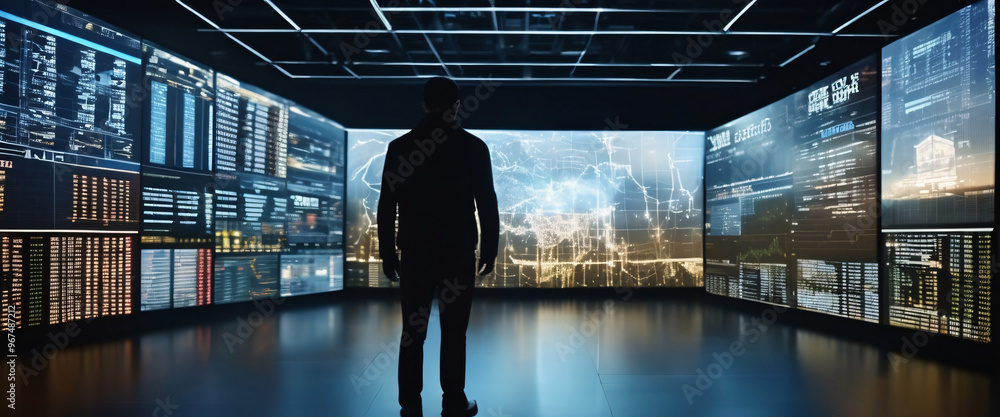 Poster the data whisperer: a lone figure stands amidst a symphony of data, surrounded by screens displaying