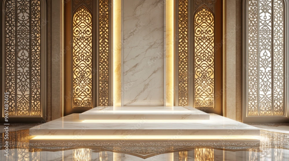Poster intricate arabesque pattern in ornate architectural setting with arches and pillars, bathed in soft 