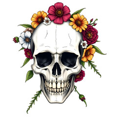 Skull with floral wreath isolated on transparent background. tattoo or T-shirt design.