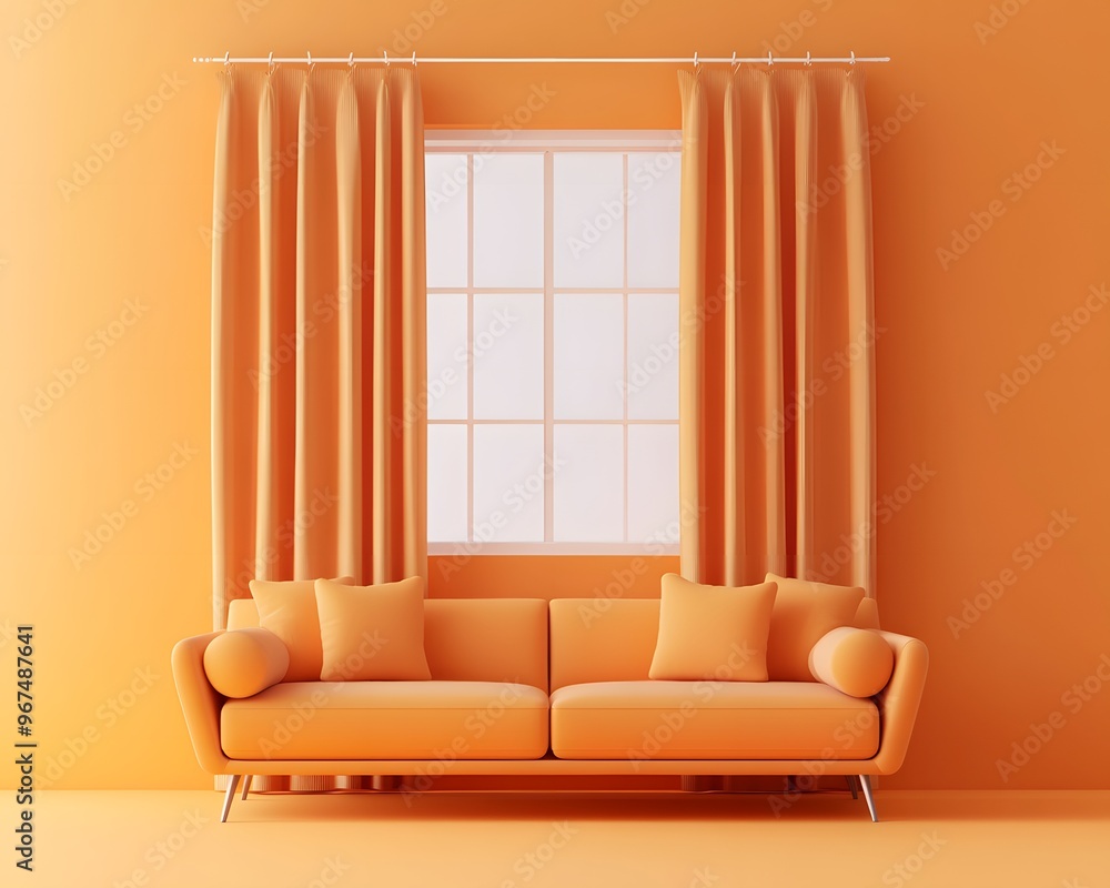 Poster 3d render of a minimalistic orange living room with a sofa and a window with curtains