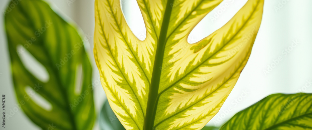 Poster Variegated Monstera Deliciosa Leaf in Sunlight