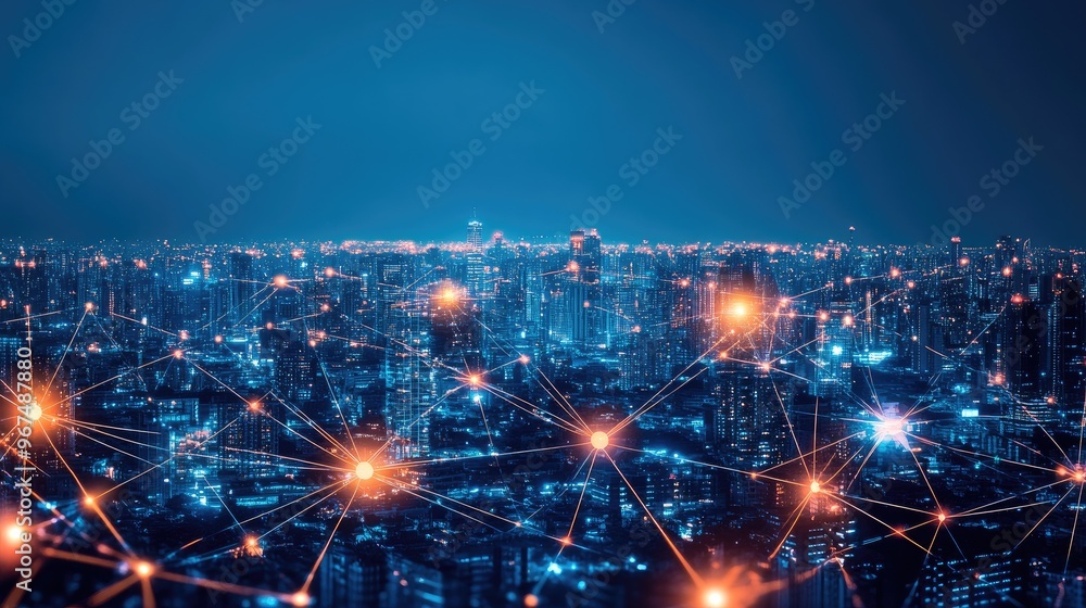 Poster smart city connection dot point connect with line network, technology metaverse concept.big data con