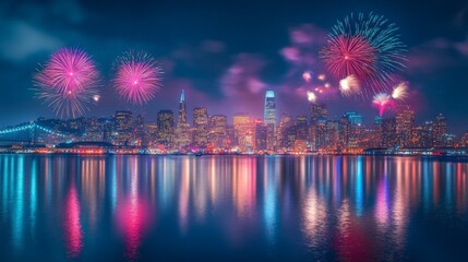 Fototapeta premium Fireworks Display Over San Francisco Skyline at Night