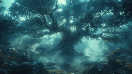 Fototapeta premium misty forest clearing bathed in ethereal light ancient gnarled trees loom through swirling fog creating atmosphere of mystery and enchantment in shadowy woodland realm