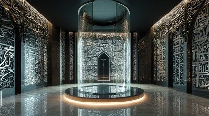 Intricate Arabic script pattern in a modern architectural interior with reflective surfaces and ambient lighting