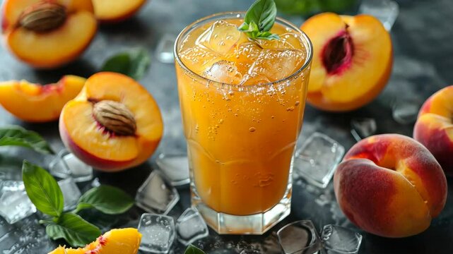 Refreshing peach drink preparation with ripe peaches and mint in summer