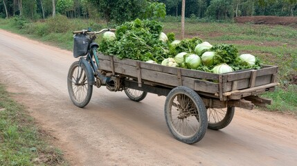 A cargo tricycle, equipped with an engine and trailer, transports stacked materials along a village road surrounded by lush mountains on a sunny day