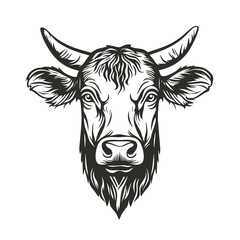 Cow head hand drawn sketch logo, black and white engraving illustration style, vector