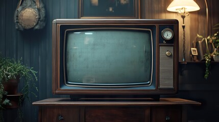 a vintage old TV with a wooden frame large dials and an analog screen showcasing its classic design and retro style isolated on a dark background
