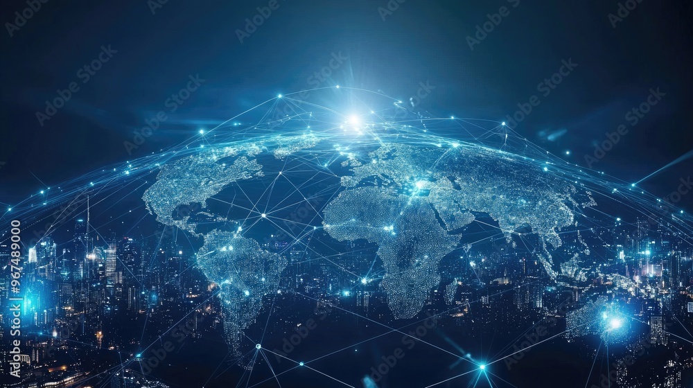 Poster smart digital city with globalization abstract graphic showing connection network . concept of futur