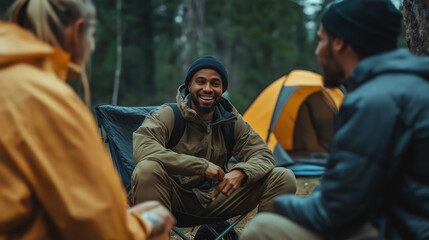 Obraz premium Group of happy friends sitting together on camping chairs smiling and talking