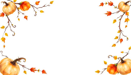 Fototapeta premium Autumn frame with pumpkins and leaves isolated on transparent background. Watercolor illustration.