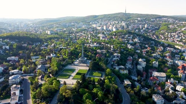 Stunning 4K drone footage of the Slav&iacute;n Memorial in Bratislava. Explore breathtaking aerial views of this iconic war monument and the surrounding cityscape of Slovakia&rsquo;s capital
