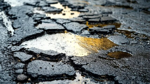 rain fall on damage road asphalt, bad road   video animation background Seamless looping time-lapse 4k quality