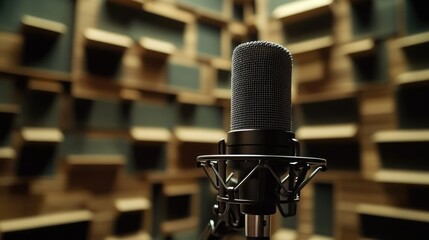 A sleek, modern microphone set up in a recording booth, with soundproof walls in the background.