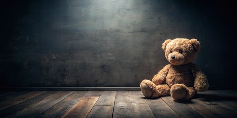 Lonely teddy bear sitting in a dark room, representing childhood trauma and mental health struggles , trauma, abuse
