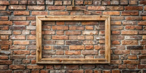 Fototapeta premium Empty wooden frame hanging on a weathered brick wall , vintage, blank, old, interior, antique, rustic, vintage, space