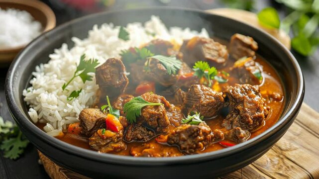 Delicious curry rice meal preparation featuring tender beef and aromatic spices in a cozy kitchen