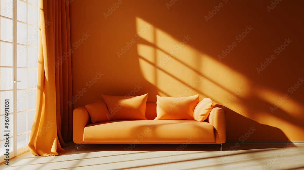 Poster 3d render of a minimalistic orange living room with a sofa and a window with curtains