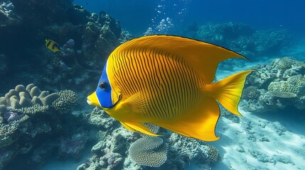 Colorful fish swim gracefully in the crystal-clear blue waters of the ocean. Experience the underwater world with scuba diving in the Maldives, observing the diverse wildlife of the Indian Ocean.