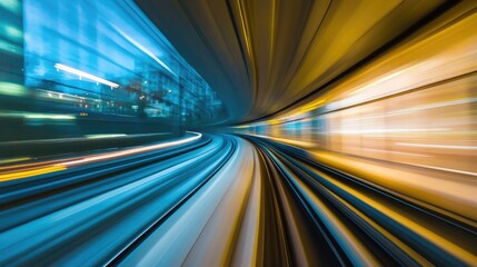 View from first railway carriage. Speed motion blur metro abstract background at night