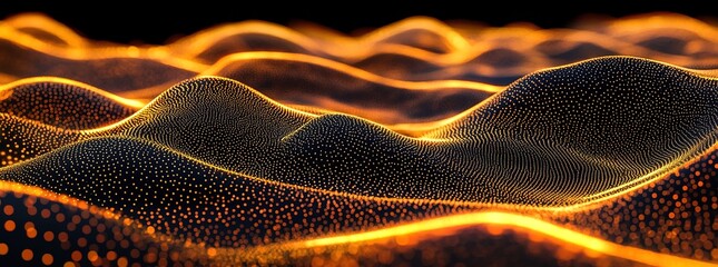  A close-up of digital waves and dots, forming the shape of undulating hills on a black background. 