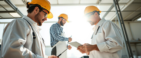 Construction Workers Discussing Plans on a Tablet