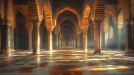 Obraz premium moonlit mosque interior graceful arches and columns casting long shadows intricate tilework glowing softly