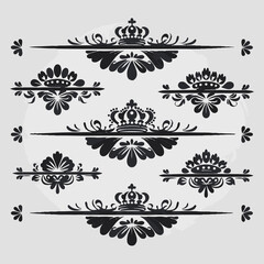 Collection of Black Minimal Ornate Design Elements with Crown Accents..