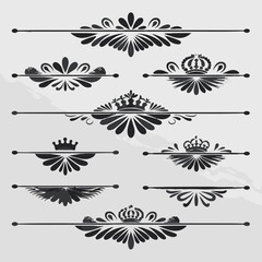 Collection of Black Minimal Ornate Design Elements with Crown Accents..