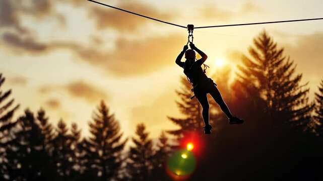Silhouette of a person zip-lining through a forest at sunset