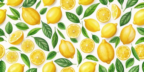 Seamless pattern of yellow lemons with leaves, lemons, fruit, citrus, yellow, seamless, pattern, leaves, background, fresh