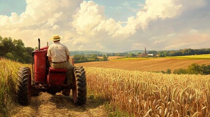 Obraz premium Farmer Driving a Red Tractor Through a Golden Field
