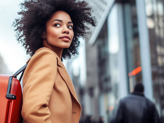A young beautiful African-American walking in the city.