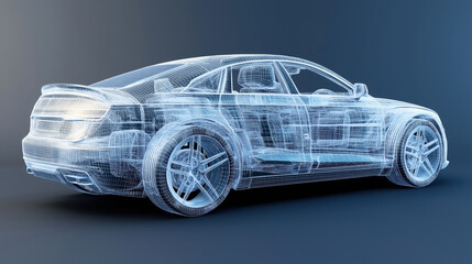 3D wireframe model of a modern sedan car displayed at an angle. The image highlights the intricate design and structural elements of the vehicle.