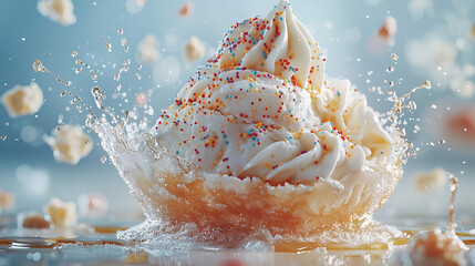 A delicious, zoomed-in cinematic shot of an ice cream sundae, with smooth textures of whipped cream, syrup, and sprinkles. The smooth details and noise reduction create a dreamy dessert scene.