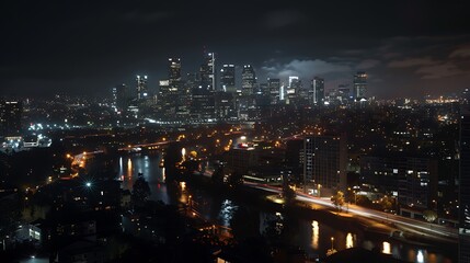 Obraz premium Nighttime Cityscape with River and Street Lights