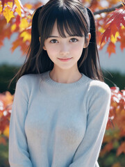 紅葉の風景と笑顔の若い女性