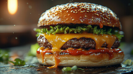 A mouth-watering cinematic close-up of a juicy cheeseburger with melted cheese, crisp lettuce, and a golden bun. Smooth textures and noise reduction enhance the deliciousness.