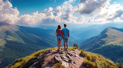 young couple is standing at mountain top