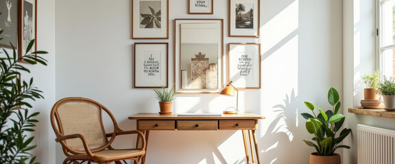 Stylish Home Office with Wooden Desk and Wicker Chair