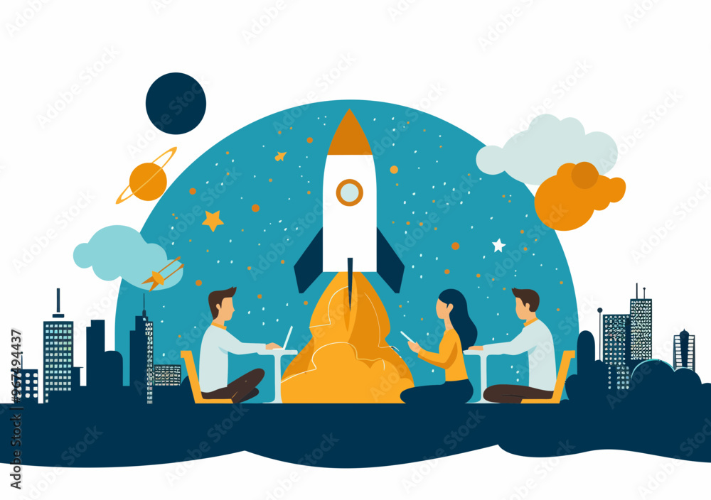 Poster startup business team collaborating for project launch with rocketship and urban skyline - concept v