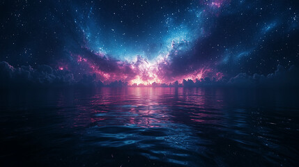 Fototapeta premium A cinematic view of a galaxy reflecting on a dark water surface, with smooth textures and soft lighting. The scene creates a serene, otherworldly atmosphere.