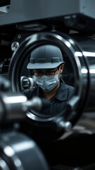 Fototapeta premium Industrial Worker in Safety Gear Reflected in Metal