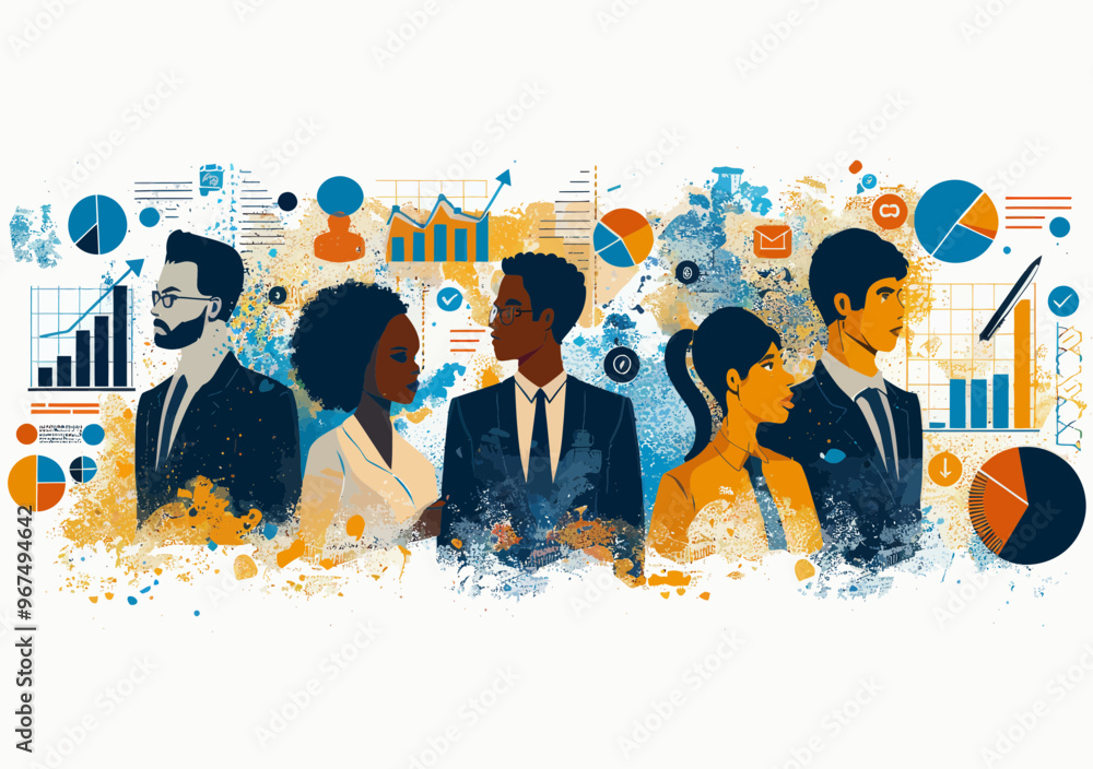 Aufkleber diverse business team collaboration in modern graphic analysis with charts and icons, conceptual ill