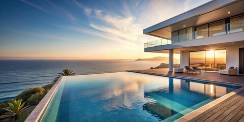 Fototapeta premium Luxury house with infinity pool overlooking serene ocean view under clear sky, luxury, house, infinity pool