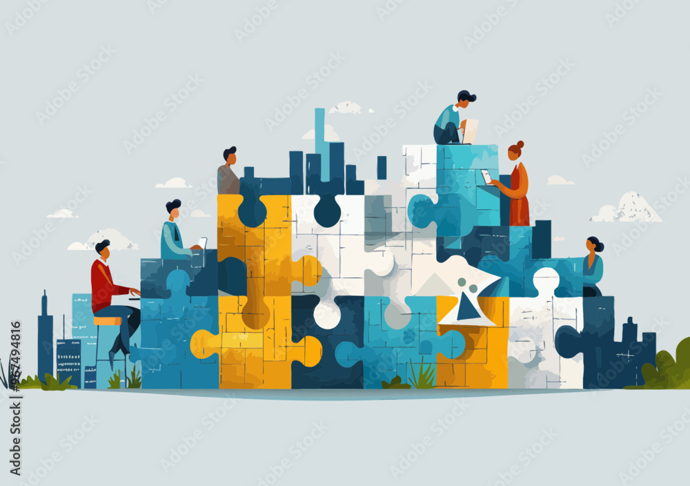 Poster minimalist vector illustration of people building a puzzle representing success and teamwork in busi