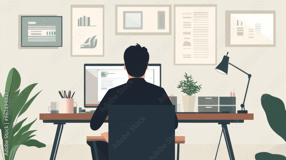 Aufkleber a man sitting at a desk with a neatly organized workspace, including a plant and minimalistic decor,