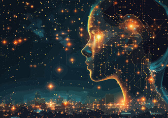 AI assisting human technological progress, futuristic cityscape, night setting, digital human face, artificial intelligence vector illustration